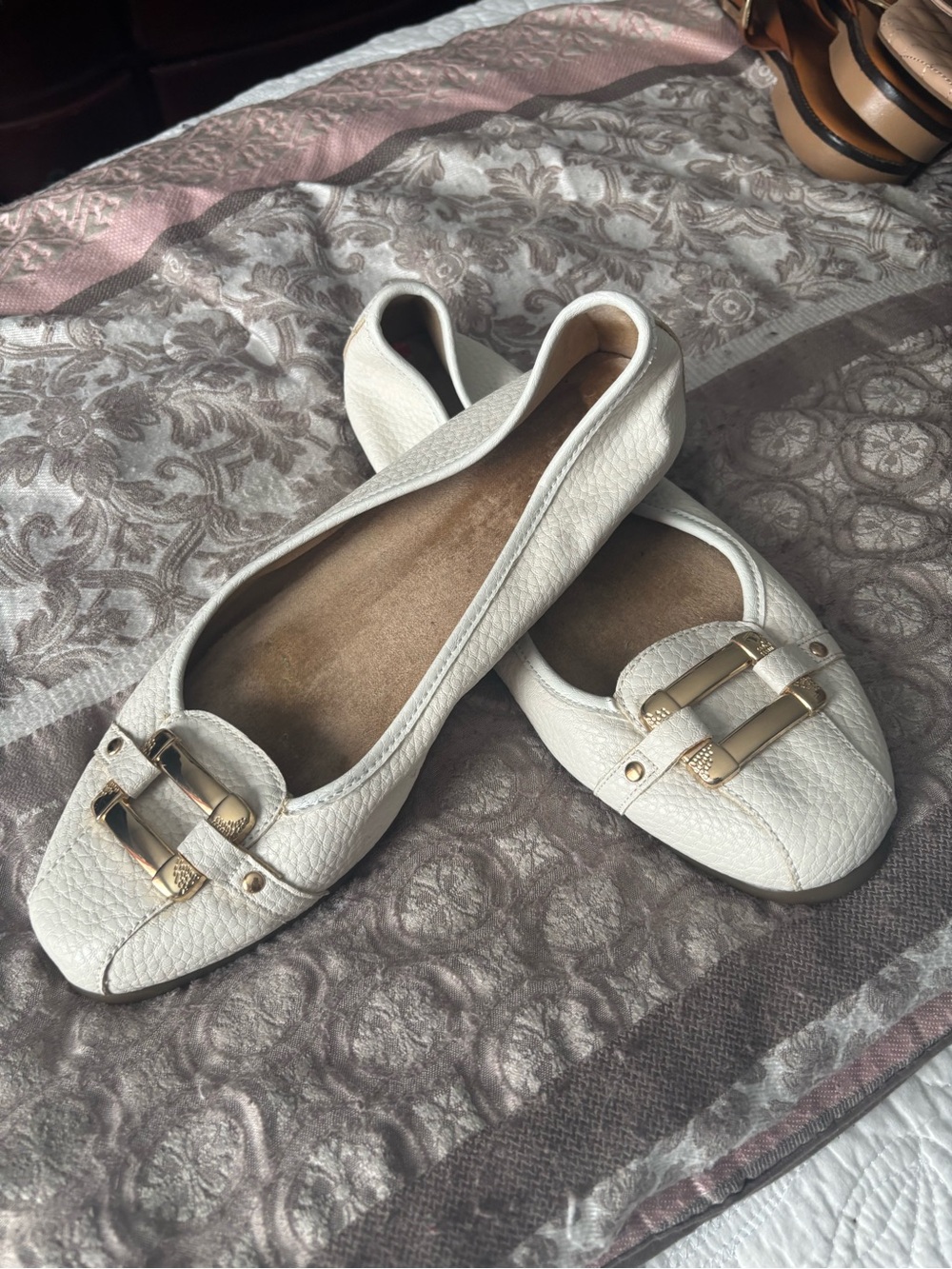 Leather White Women's Ballet Flats with Gold Buckle